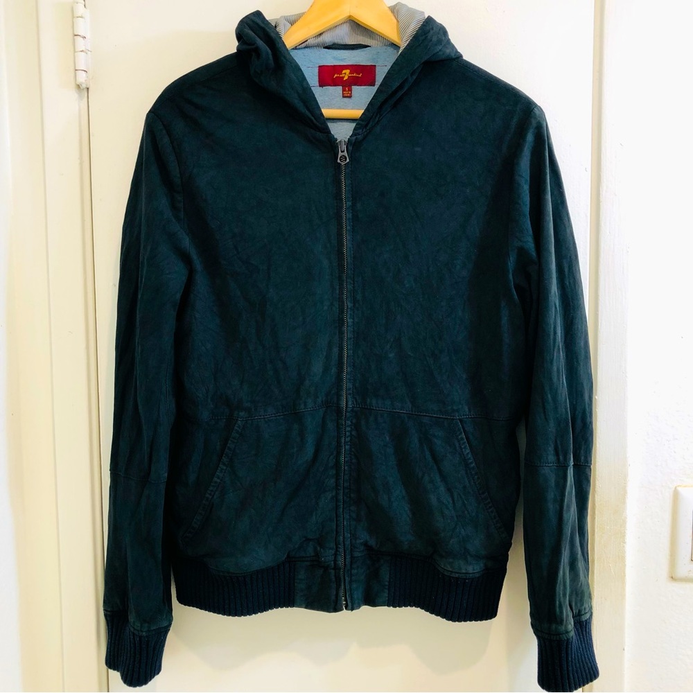 7 For All Mankind Hooded Navy Blue Zippered Leather Jacket Size Small.